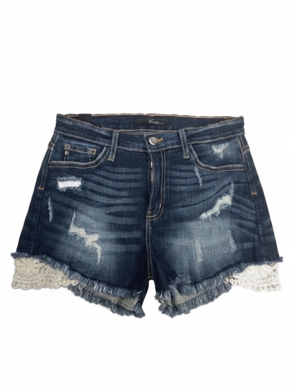 Kancan Estilo Medium Dark Blue Wash Distressed Denim Crochet Shorts Women siz 27